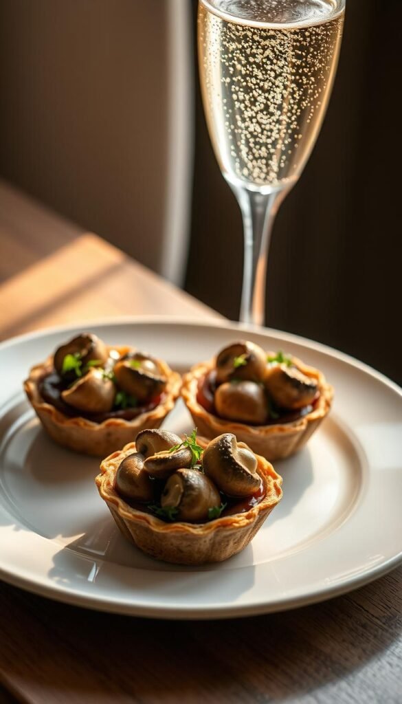Delicate mushroom tarts with a sprinkle of herbs, nestled atop a crisp white plate. A flute of effervescent champagne, bubbles dancing in the light, poised for a toast. Soft, natural lighting casts a warm glow, highlighting the earthy tones of the tarts and the elegant simplicity of the presentation. The scene evokes a sense of refinement and celebration, perfectly capturing the harmony of vegetarian fare and the celebratory spirit of champagne.