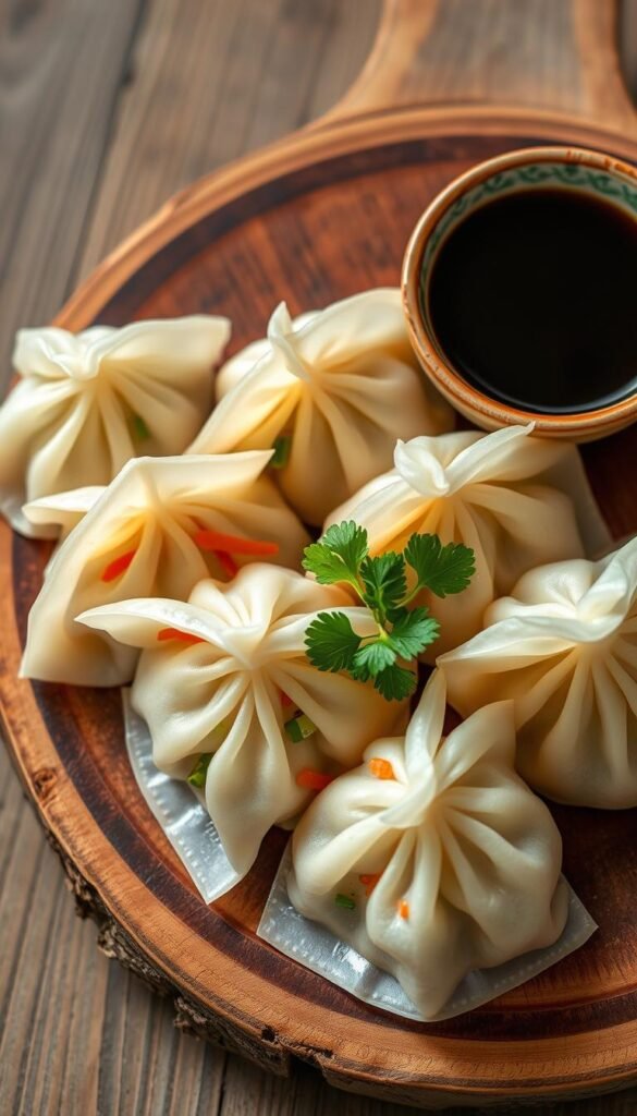 Delicate vegetable gyoza dumplings, freshly steamed, arranged artfully on a rustic wooden board. The translucent dumpling wrappers reveal the vibrant colors of the veggie filling - fragrant cabbage, carrots, and scallions. Sprigs of fresh cilantro add a verdant touch, contrasting with the dark soy dipping sauce in a small ceramic bowl. Soft, diffused lighting casts a warm glow, highlighting the intricate folds and textures of the handmade dumplings. The overall scene exudes a sense of culinary craftsmanship and pure, natural flavors - a vegan delight for the senses.