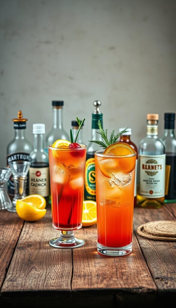 Detailed still life of budget-friendly cocktail pairing tips. Artfully arranged glassware, garnishes, and mixers on a rustic wooden table. Soft, warm lighting illuminates the scene, creating a cozy, inviting atmosphere. Prominent foreground elements include a pair of highball glasses filled with vibrant, colorful cocktails, accented by fresh citrus slices and herbs. In the middle ground, a selection of affordable spirits, syrups, and bitters in vintage-inspired bottles. The background features a neutral, textured wall, allowing the cocktail setup to take center stage. Overall, the image conveys an accessible, accessible, and visually appealing approach to crafting memorable cocktail pairings on a budget.