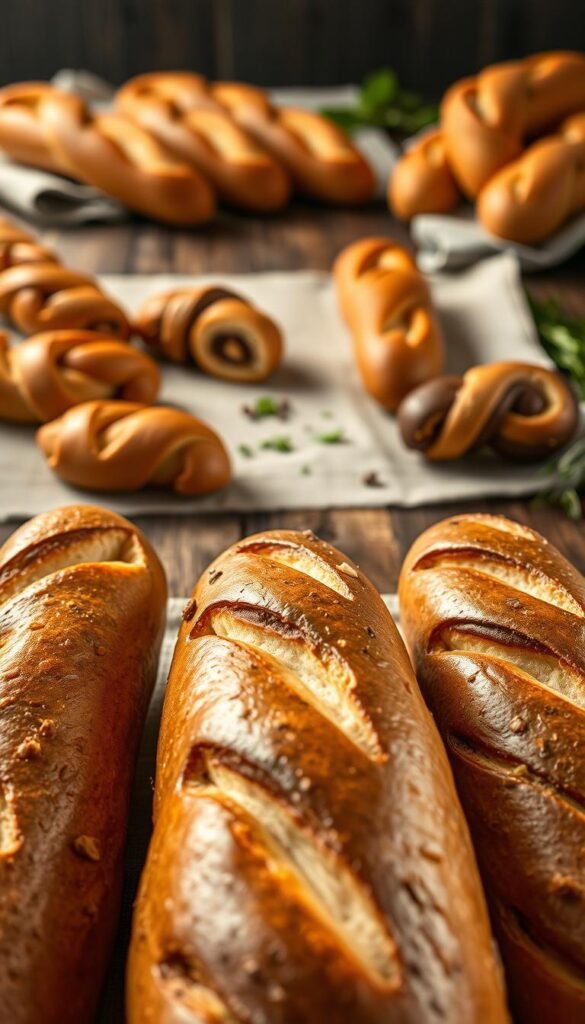 Elegant artisanal baguettes in the foreground, their golden-brown crusts glistening under soft, warm lighting. In the middle ground, an assortment of unique baguette recipes - from savory sundried tomato and herb twists to sweet chocolate-filled braids. The background features a rustic wooden table with a scatter of freshly baked loaves, complemented by a simple linen cloth and a few sprigs of fragrant herbs. The overall mood is one of artisanal craftsmanship, inviting the viewer to imagine the delicious possibilities of these unique baguette creations.