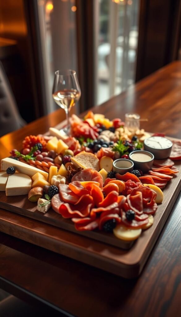 Elegant charcuterie boards for a chic cocktail hour: an artful arrangement of cured meats, gourmet cheeses, fresh fruits, and delicate accompaniments, illuminated by the soft, warm glow of sophisticated lighting. The boards are presented on a polished wooden surface, creating a sophisticated and inviting ambiance. The meats are carefully sliced, the cheeses are elegantly curated, and the fruits are carefully selected to provide a visually stunning and harmonious display. The overall composition is balanced, with attention to texture, color, and flavor pairings, creating a visually captivating and mouthwatering scene that perfectly captures the essence of a refined and indulgent cocktail hour.