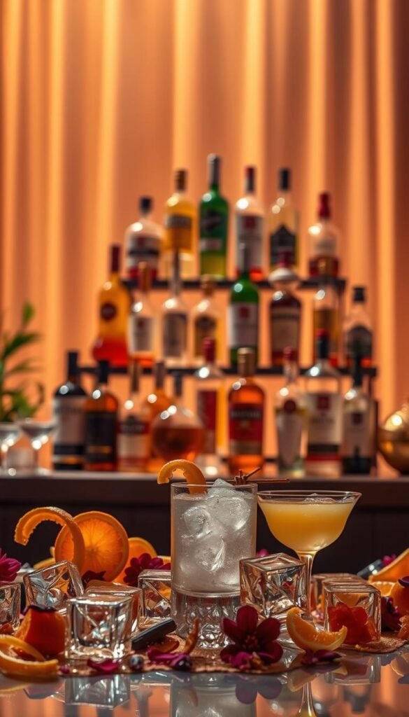 Elegant cocktail display set against a backdrop of warm, soft lighting. In the foreground, an array of carefully crafted cocktail garnishes - citrus twists, intricate flower petals, and glistening ice cubes. In the middle ground, a tiered display showcasing an assortment of premium spirits, each bottle meticulously placed to create a visually striking arrangement. The overall scene exudes a sense of sophistication and attention to detail, inviting the viewer to imagine the unique and memorable cocktail pairings that could be served. The composition is balanced, with clean lines and a harmonious color palette that evokes a sense of luxury and refinement.