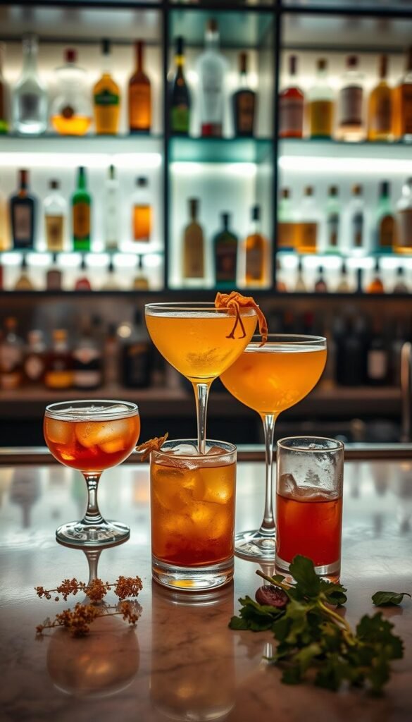 Elegant glassware filled with vibrant, artfully crafted cocktails adorns a sleek, modern bar. Behind it, a backdrop of backlit shelves displays an array of premium spirits and bitters. Subtle lighting casts a warm, inviting glow, creating an atmosphere of sophistication and intrigue. In the foreground, a selection of intriguing garnishes and fresh ingredients hint at the innovative flavor pairings to be discovered. The scene evokes a sense of anticipation, inviting the viewer to imagine the memorable experience of savoring these exquisite cocktail creations.