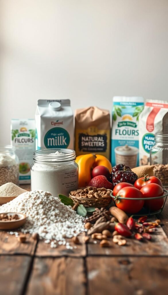 Elegant still life of various vegan baking ingredients carefully arranged on a rustic wooden table. In the foreground, a mix of high-quality flours, plant-based milk cartons, and a jar of natural sweeteners. In the middle ground, an assortment of fresh fruits, nuts, and vibrant spices. The background features a soft, natural lighting that gently illuminates the scene, creating a warm and inviting atmosphere. The composition emphasizes the color, texture, and variety of the ingredients, conveying a sense of culinary creativity and the potential for delicious vegan desserts.