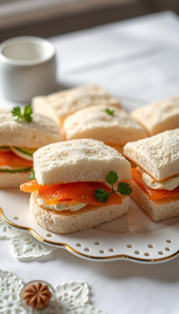 Elegant tea sandwiches arranged on a classic bone china platter, with delicate crusts neatly trimmed. The sandwiches are layered with an assortment of fillings - thinly sliced cucumber with a hint of dill, creamy egg salad, and savory smoked salmon. Soft, pillowy white bread provides a pristine canvas, complemented by the vibrant greens of parsley garnishes. The scene is illuminated by soft, even lighting, casting a warm, inviting glow. The platter sits atop a lace doily, evoking a timeless, refined ambiance. This classic tea party spread conveys a sense of leisurely sophistication, ready to delight guests at an elegant afternoon affair.