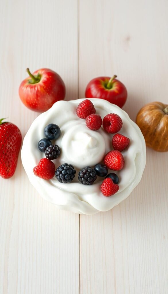 Five assorted fresh fruits arranged on a light-colored wooden table, with a creamy white dairy-free dessert in the center. The dessert has a smooth, cloud-like texture, topped with a scattering of vibrant berries. Soft, natural lighting illuminates the scene, highlighting the vibrant colors and textures. The composition has a simple, elegant feel, with a focus on the minimalist and dairy-free nature of the recipe. The overall atmosphere evokes a sense of indulgence and healthfulness.