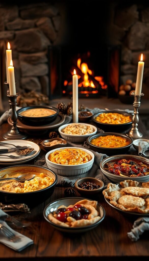 Hearty dishes for a cozy winter wedding: a rustic wooden table set with a bountiful feast - steaming shepherd's pie, creamy mac and cheese, aromatic beef stew, and flaky pies with seasonal fruits. Soft candlelight casts a warm glow, illuminating the richly textured fabrics and natural elements like pinecones and bare branches. In the background, a stone fireplace crackles, sending flickering shadows across the scene. The overall mood is one of comfort, nourishment, and celebration, perfect for a intimate, winter gathering. Hearty dishes for a cozy winter wedding: a rustic wooden table set with a bountiful feast - steaming shepherd's pie, creamy mac and cheese, aromatic beef stew, and flaky pies with seasonal fruits. Soft candlelight casts a warm glow, illuminating the richly textured fabrics and natural elements like pinecones and bare branches. In the background, a stone fireplace crackles, sending flickering shadows across the scene. The overall mood is one of comfort, nourishment, and celebration, perfect for a intimate, winter gathering.