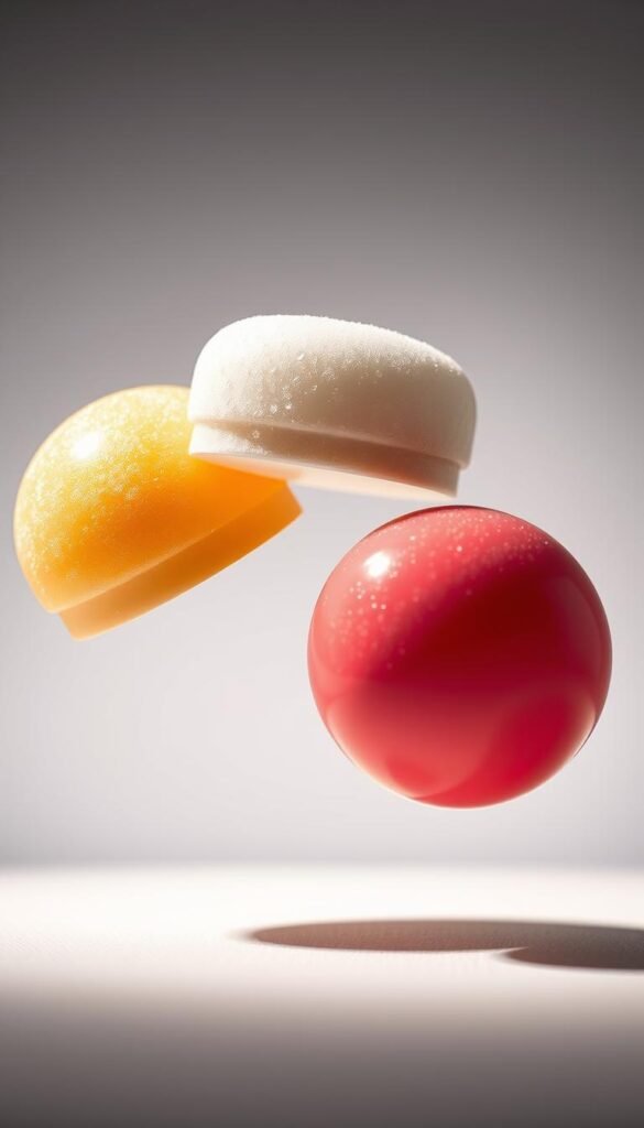 High-contrast, close-up photograph of three different types of edible foams levitating above a stark white background, illuminated from the side with a hard, dramatic lighting that casts strong shadows. The foams have a glossy, airy texture and appear to be infused with nitrous oxide, giving them a slightly iridescent, bubbly appearance. The foams are arranged in an asymmetric, dynamic composition that draws the eye towards the center. The lighting and camera angle give the scene a sense of scientific curiosity and culinary innovation, perfectly capturing the essence of molecular gastronomy.