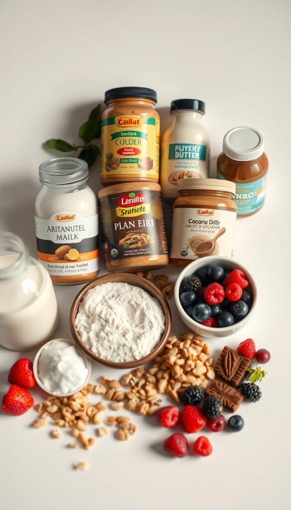 High-quality still life arrangement of dairy-free dessert ingredients on a clean white backdrop, softly lit from the side to accentuate the textures and colors. Prominently featured are various plant-based milks, nut butters, coconut oil, cocoa powder, chopped nuts, and fresh berries. The overall mood is warm, inviting, and showcases the versatility of dairy-free baking. The composition is balanced and visually appealing, highlighting the natural beauty of these wholesome ingredients.