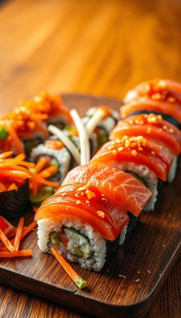 High-quality sushi rolls with a spicy Korean twist, featuring a vibrant array of colors and textures. In the foreground, delicate slices of raw tuna and salmon are arranged atop seasoned sushi rice, drizzled with a fiery gochujang sauce. Surrounding the sushi, crisp kimchi, pickled daikon, and sesame-coated nori sheets add pops of flavor and crunch. The middle ground showcases a medley of fresh vegetables - julienned carrots, cucumber spears, and scallions - harmoniously complementing the seafood centerpiece. In the background, a minimalist wooden table sets the stage, bathed in warm, natural lighting that highlights the dish's artful presentation. The overall mood is one of bold, adventurous fusion, enticing the viewer to savor the perfect balance of ocean-fresh and spicy-sweet elements.