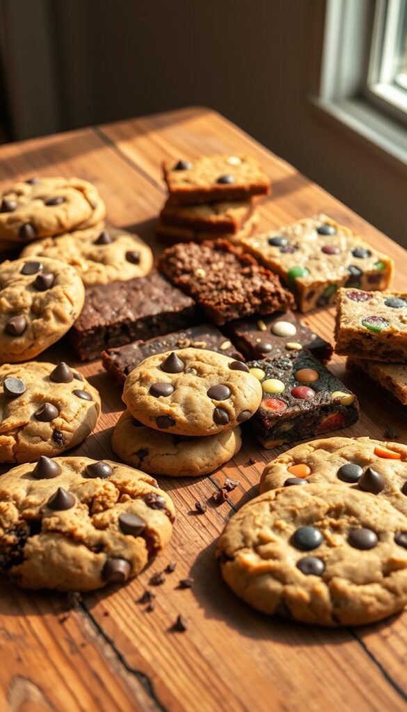 High-quality vegan cookies and bars laid out on a rustic wooden table, illuminated by warm, natural lighting. An assortment of healthful treats, including chewy chocolate chip cookies, fudgy brownies, and colorful fruit bars, all made with wholesome, plant-based ingredients. The scene has a homemade, artisanal feel, with a mix of textures and flavors that entice the senses. The background features a clean, minimalist setting, allowing the baked goods to be the star of the composition. The overall mood is inviting, cozy, and celebrates the delicious possibilities of vegan desserts.