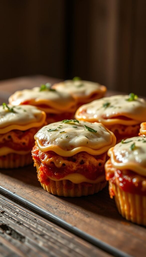 High-resolution close-up of savory mini lasagna cupcakes arranged on a rustic wooden table. The cupcakes have layers of tender pasta, a rich tomato sauce, creamy béchamel, and melted mozzarella cheese on top, giving them a layered, lasagna-like appearance. Soft, indirect lighting from the side casts warm shadows, highlighting the textures and details of the cupcakes. The image has a cozy, comforting atmosphere, perfectly capturing the essence of a delightful late-night snack.