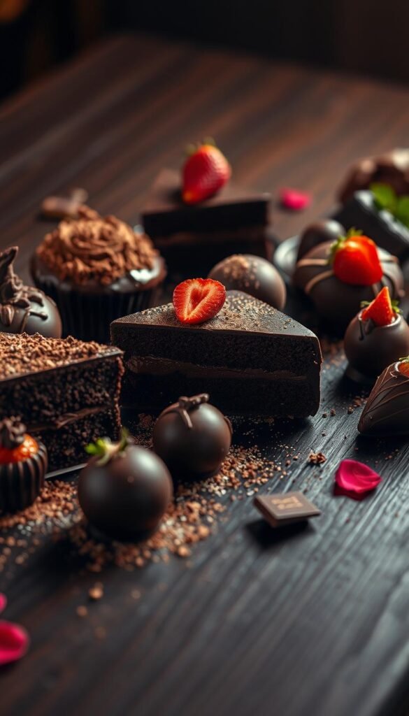 Luscious chocolate desserts artfully arranged on a dark wooden table, illuminated by warm, indirect lighting. Decadent chocolate cakes, rich truffles, and indulgent chocolate-dipped strawberries take center stage, accompanied by a sprinkle of cocoa powder and a few scattered rose petals for an elegant touch. The scene exudes an atmosphere of luxury and indulgence, inviting the viewer to savor each bite of these irresistible chocolate creations. The camera angle is slightly elevated, capturing the desserts from an enticing perspective that showcases their delectable details and the alluring palette of brown, dark chocolate, and accents of vibrant red.