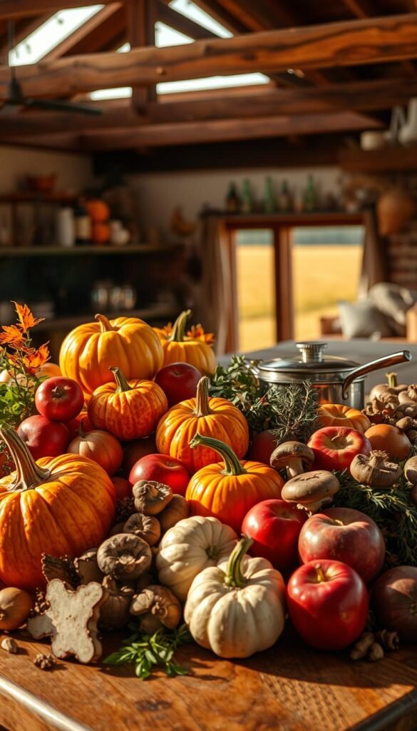 Lush, autumnal still life capturing the essence of fall farm-to-table recipes. In the foreground, an artful arrangement of seasonal produce - vibrant squash, crisp apples, earthy mushrooms, and fragrant herbs. Warm lighting casts a golden glow, highlighting the rich textures and colors. The middle ground features rustic kitchen tools and cookware, suggesting the preparation of a nourishing meal. In the background, a cozy farmhouse setting with wooden beams, exposed brick, and a glimpse of a harvest-ready field. The overall mood is one of abundance, simplicity, and the celebration of nature's bounty.