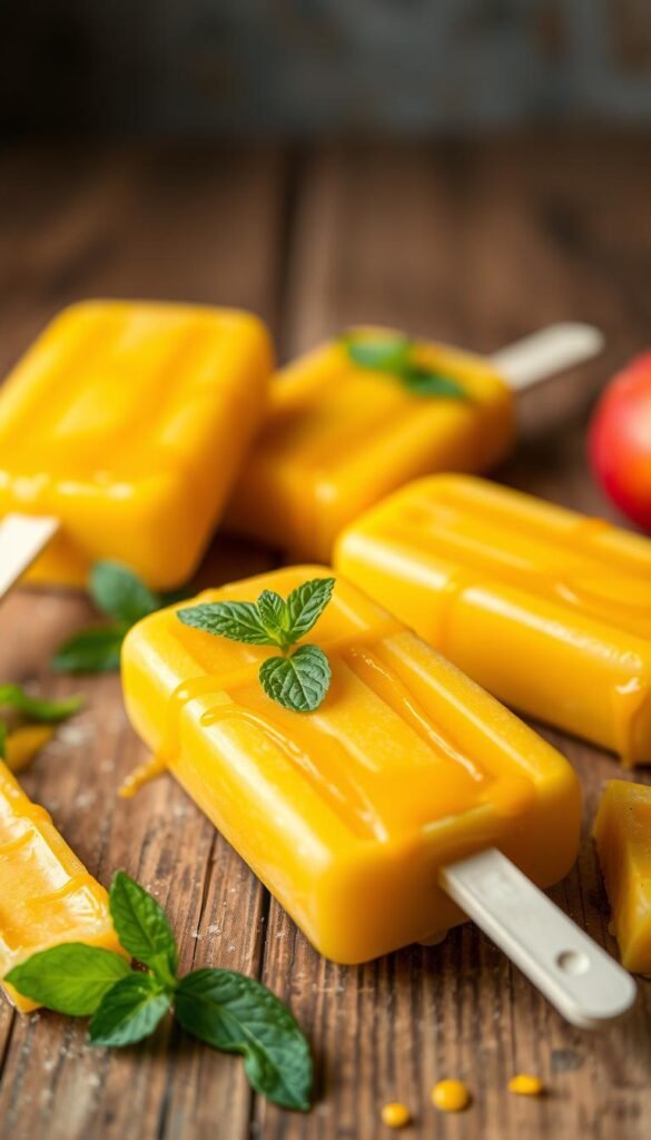 Mango lassi popsicles on a wooden surface, with a vibrant yellow-orange color and a smooth, creamy texture. The popsicles are drizzled with a swirl of thick, golden mango puree, and garnished with a sprig of fresh mint leaves. The scene is illuminated by soft, diffused lighting, creating a warm and inviting atmosphere. The popsicles are arranged in a natural, casual manner, hinting at the refreshing and indulgent nature of this dairy-free dessert.