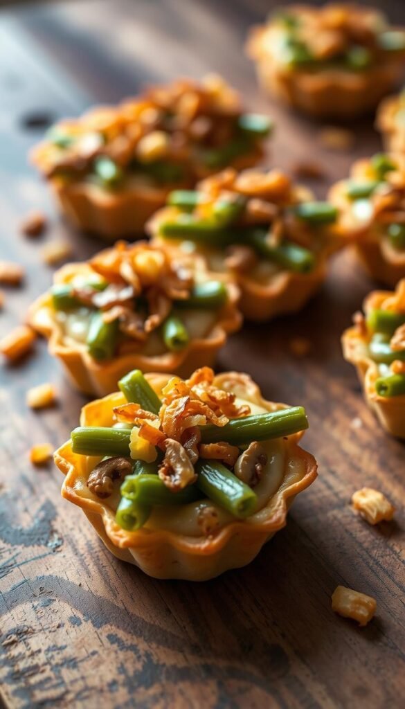 Miniature green bean casserole tartlets, their golden-brown crusts adorned with a vibrant green topping. The buttery pastry shell houses a creamy, savory filling of tender green beans, sautéed mushrooms, and a rich, velvety béchamel sauce. Flecks of crispy fried onions crown the top, adding a delightful crunch. The scene is bathed in warm, soft lighting, casting a cozy, comforting glow. Photographed from a slight overhead angle, the tartlets are presented on a rustic wooden surface, inviting the viewer to imagine the satisfying flavors and textures of this nostalgic, bite-sized treat.