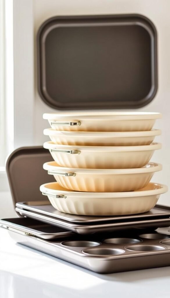 Neatly stacked, cream-colored, nonstick bakeware set with a modern, minimalist design. Includes various sized round and square cake pans, muffin tins, and baking sheets. The set is arranged to showcase its compact, space-saving form against a bright, airy background, illuminated by natural, soft lighting from the side. The metallic accents on the handles glimmer, highlighting the high-quality construction. The bakeware has a sleek, uniform appearance, conveying a sense of organized efficiency in the kitchen.