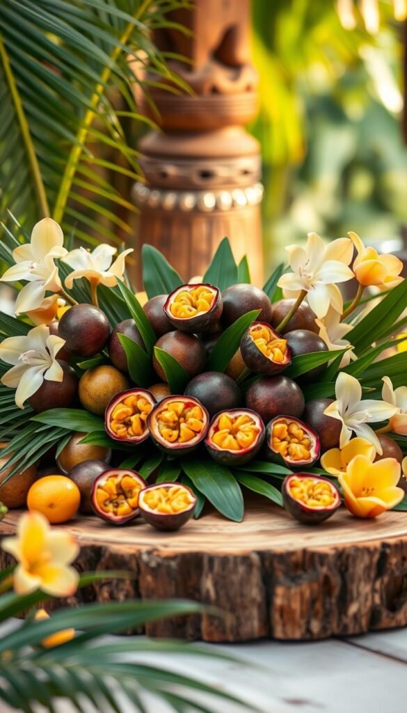 Passion fruit wedding display: a lush, tropical arrangement featuring vibrant passion fruit, their tangy-sweet pulp spilling forth from halved spheres. Placed upon a rustic wooden table, the display is framed by verdant foliage - palm fronds, monstera leaves, and delicate orchids. Soft, warm lighting casts a romantic glow, while a shallow depth of field blurs the background, drawing the eye to the centerpiece. Textural elements like woven rattan and carved wood add depth and tactility. This tantalizing display evokes the flavors and ambiance of a destination wedding set in a lush, tropical paradise.