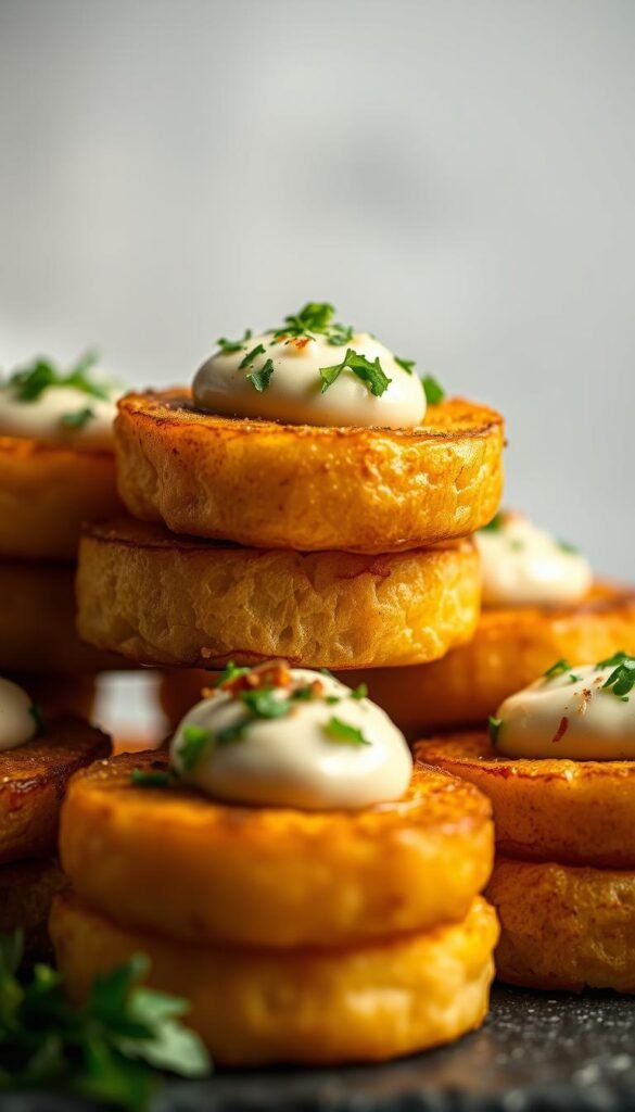 Perfectly golden, crispy potato rounds arranged in a tempting stack, their soft, fluffy interiors peeking through. Atop each slider, a dollop of creamy, tangy sauce and a sprinkling of fresh, aromatic herbs. The lighting casts a warm, inviting glow, highlighting the rustic, homemade appeal of these comforting bites. A shallow depth of field keeps the focus on the delectable sliders, while a clean, minimalist background allows them to shine. Captured with a high-resolution, wide-angle lens to showcase the full glory of these delightful potato round sliders, the perfect late-night indulgence.