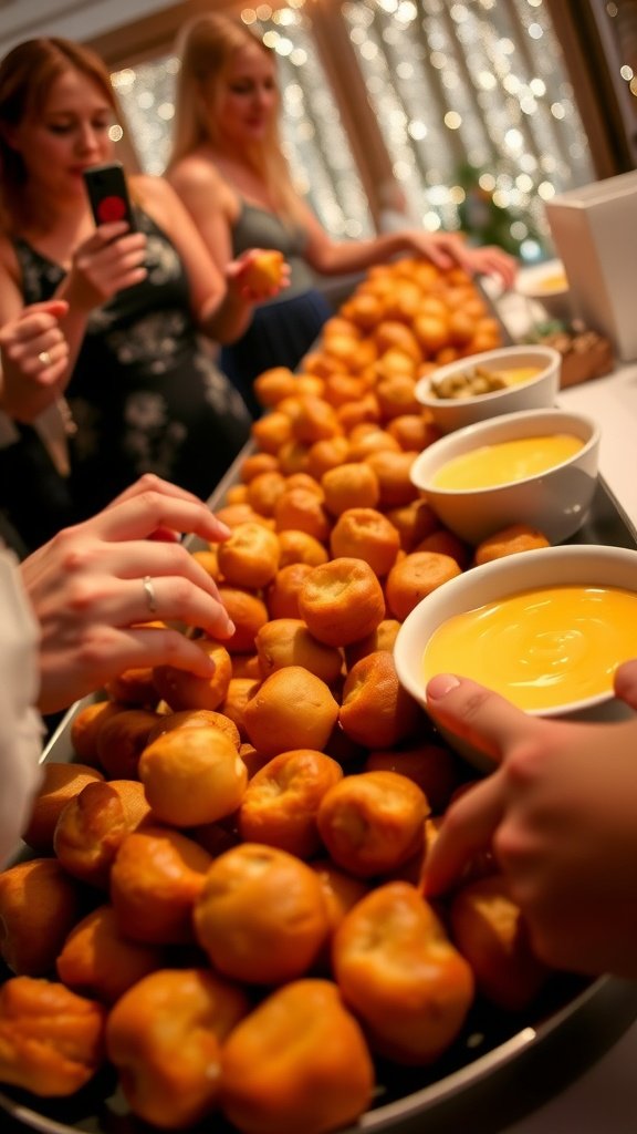 Savory Wedding Reception Pretzel Bites with Creamy Cheese Dip Homemade pretzel bites on a platter with cheese dip, perfect for a wedding reception.