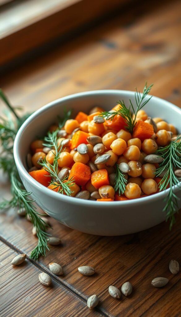 Photorealistic image of a freshly prepared carrot and chickpea salad, presented in a white ceramic bowl on a wooden table. Vibrant orange carrots, plump chickpeas, and fragrant dill leaves are artfully arranged, sprinkled with roasted pumpkin seeds. The salad is illuminated by warm, natural lighting, creating a soft, inviting atmosphere. The image captures the earthy, wholesome essence of this simple yet flavorful garden-inspired dish.