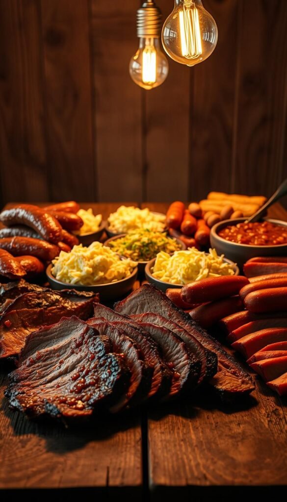 Rustic smoked meat sides arranged on a weathered wooden table, bathed in warm, golden hues from an overhead Edison bulb lighting. In the foreground, thick slices of smoked brisket, juicy pulled pork, and savory smoked sausages. The middle ground features a selection of hearty side dishes - creamy potato salad, tangy coleslaw, and smoky baked beans. In the background, a backdrop of vintage barn wood paneling sets the scene for this rustic BBQ feast. The lighting casts dramatic shadows, adding depth and an inviting, intimate atmosphere.