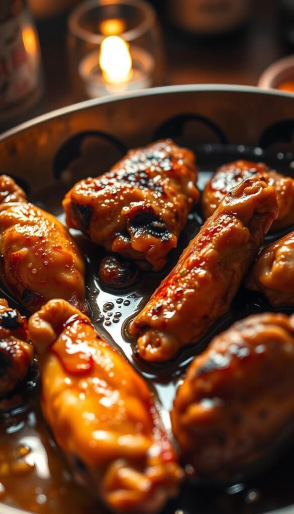 Salted chicken wings sizzling in a shallow dish, glistening with a rich, aromatic sake marinade. The wings are arranged in a casual, appetizing manner, their golden-brown skin slightly charred, contrasting with the clear liquid surrounding them. Warm, indirect lighting casts a soft, inviting glow, emphasizing the tempting texture and mouthwatering flavors. The scene evokes a cozy, izakaya-style ambiance, where the simplicity of the dish is elevated by the skillful blending of traditional Japanese ingredients. A close-up, high-angle perspective captures the succulent, finger-licking-good nature of these flavorful, salt-kissed chicken wings.