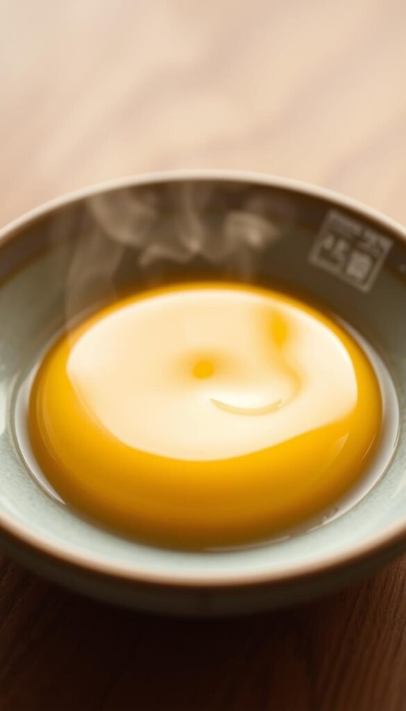 Savory steamed egg custard, a delicate Japanese delicacy, rests gently in a shallow ceramic bowl. The custard's surface is smooth and glossy, its golden hue highlighted by soft, diffused lighting from above. Delicate wisps of steam rise from the warm, silky custard, inviting the viewer to imagine its velvety texture and subtle, umami-rich flavor. The bowl is placed on a simple, minimalist wooden surface, allowing the custard to be the star of the composition. The overall mood is one of refinement, elegance, and the appreciation of simple, high-quality ingredients.