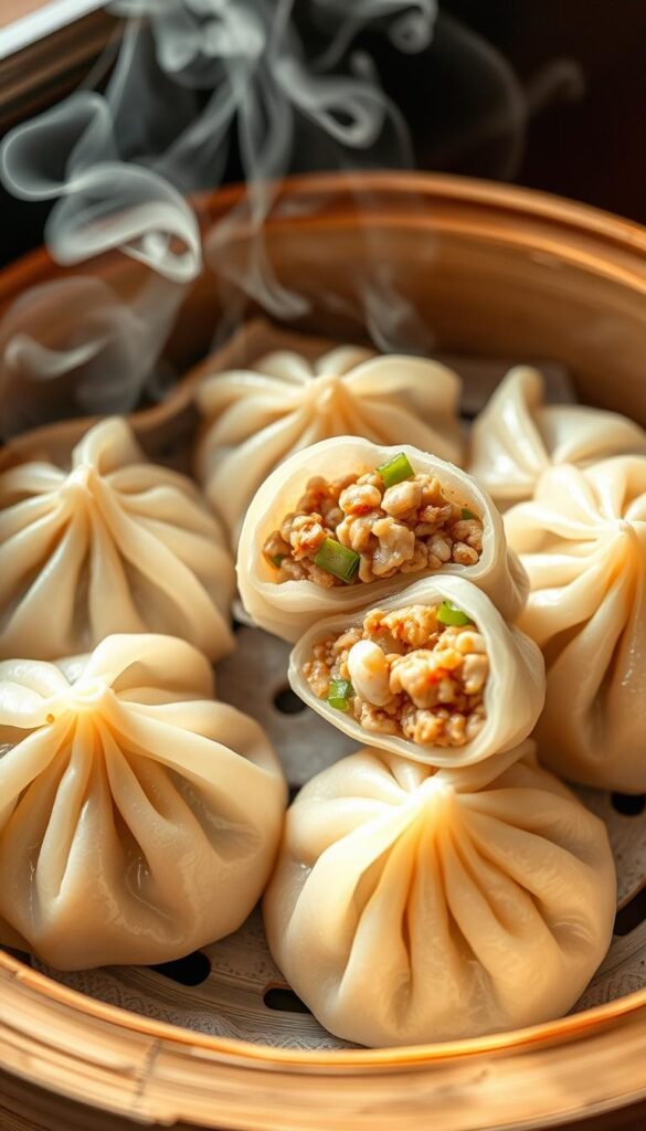 Shumai steamed dumplings, nestled in a bamboo steamer basket, their delicate wrappers glistening with condensation. Plump, juicy fillings of ground pork, shrimp, and scallions, seasoned with delicate Asian spices. Wisps of fragrant steam curl upwards, creating a captivating scene. The dumplings are arranged artfully, with a few pieces pulled apart to reveal their tender interior. Soft, neutral-toned lighting casts a warm glow, highlighting the vibrant colors and textures of the dumplings. The scene is captured from a high angle, emphasizing the presentation and inviting the viewer to imagine the satisfying taste and texture of these classic Japanese delicacies.
