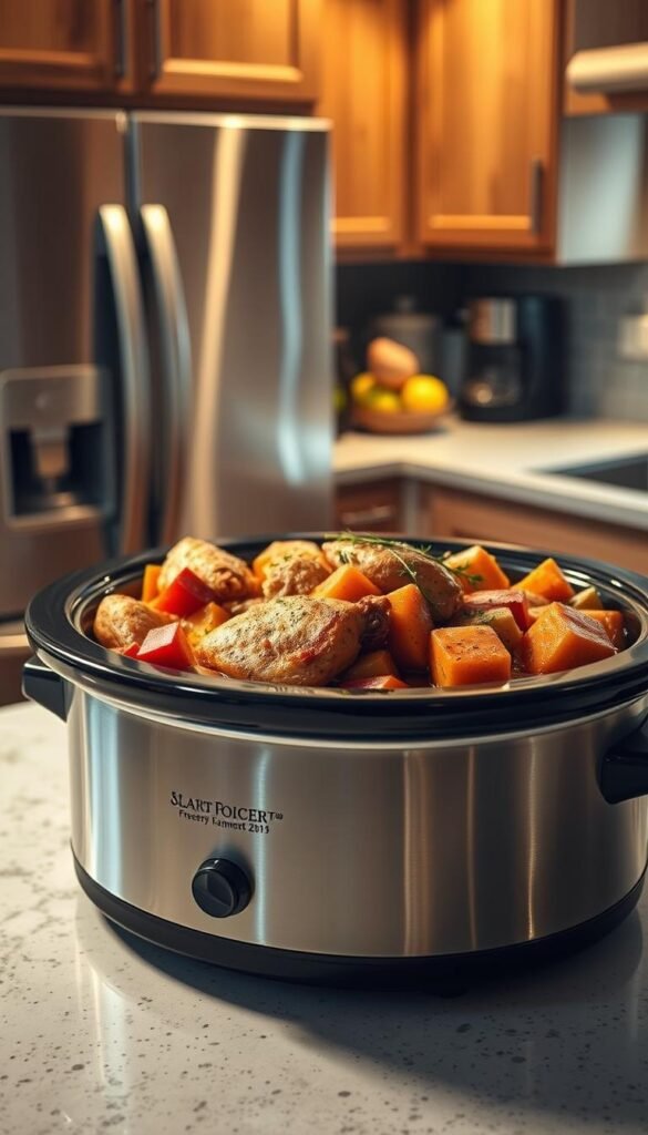 Slow cooker filled with hearty, home-cooked freezer meal ingredients, such as tender chicken, root vegetables, and savory seasonings. The scene is in a cozy kitchen, with warm lighting and a rustic, farmhouse-inspired decor. Stainless steel appliances and wooden cabinetry provide a modern yet classic backdrop. The slow cooker sits prominently on the counter, steam gently rising from the lid, enticing the viewer with the promise of a delicious, effortless meal. The overall atmosphere is one of comfort, simplicity, and the joy of meal preparation.