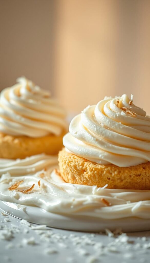 Soft, fluffy coconut whipped shortcakes sit atop a bed of coconut cream, glistening with hints of vanilla. Delicate coconut flakes are sprinkled around the cakes, creating a visually appealing and inviting scene. The lighting is warm and natural, highlighting the creamy textures and subtle sweetness of the dessert. The composition features the shortcakes in the foreground, with a clean, minimalist background that allows the dessert to be the star. The overall mood is one of indulgence and comfort, perfectly capturing the essence of this dairy-free treat.