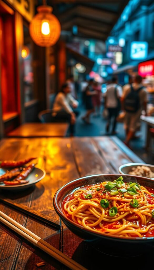 Spicy Indian-Chinese Noodles on a rustic wooden table, illuminated by warm, golden lighting. In the foreground, a steaming bowl of noodles, glistening with a fiery red sauce, garnished with sliced scallions and toasted sesame seeds. The middle ground features chopsticks resting on the table, and a side dish of crispy, fried chili peppers. In the background, a blurred view of a bustling city street, hinting at the flavors of the Eastern fusion cuisine. The overall atmosphere is vibrant, inviting, and evocative of the bold, flavorful Spicy Indian-Chinese Noodles.