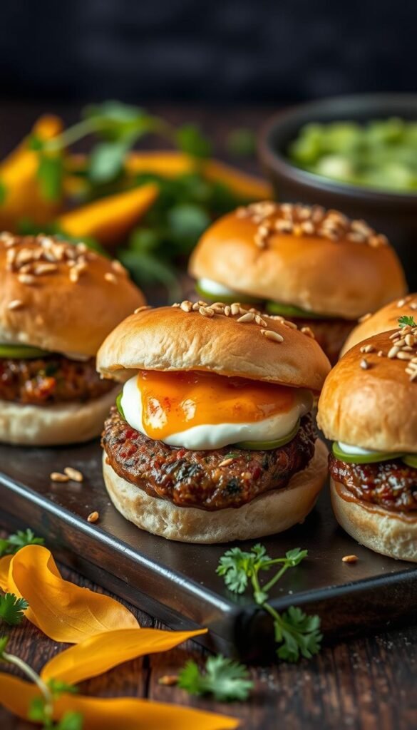 Spicy Indian sliders with a tantalizing fusion of flavors. Plump brioche buns cradle juicy, spice-rubbed lamb patties, topped with a vibrant mango chutney, cooling cucumber raita, and a sprinkle of toasted cumin seeds. The sliders are arranged on a dark wooden board, with a backdrop of warm-hued curry leaves and coriander. Soft, diffused lighting casts a cozy, inviting glow, drawing the eye to the enticing textures and colors. The overall composition evokes the rich, aromatic essence of Indian cuisine, capturing the perfect balance of heat, sweetness, and freshness in each delectable bite.
