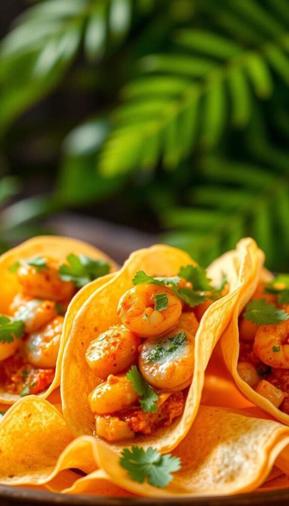 Spicy Thai tacos with a vibrant, aromatic filling of sautéed shrimp, red curry paste, coconut milk, and fresh cilantro. The tacos are nestled on a bed of crisp, golden taco shells illuminated by warm, soft lighting. In the background, a blur of lush, green tropical foliage adds a sense of lush, exotic flair. The overall scene evokes the bold, flavorful essence of Thai cuisine, captured in a visually enticing, mouthwatering composition.