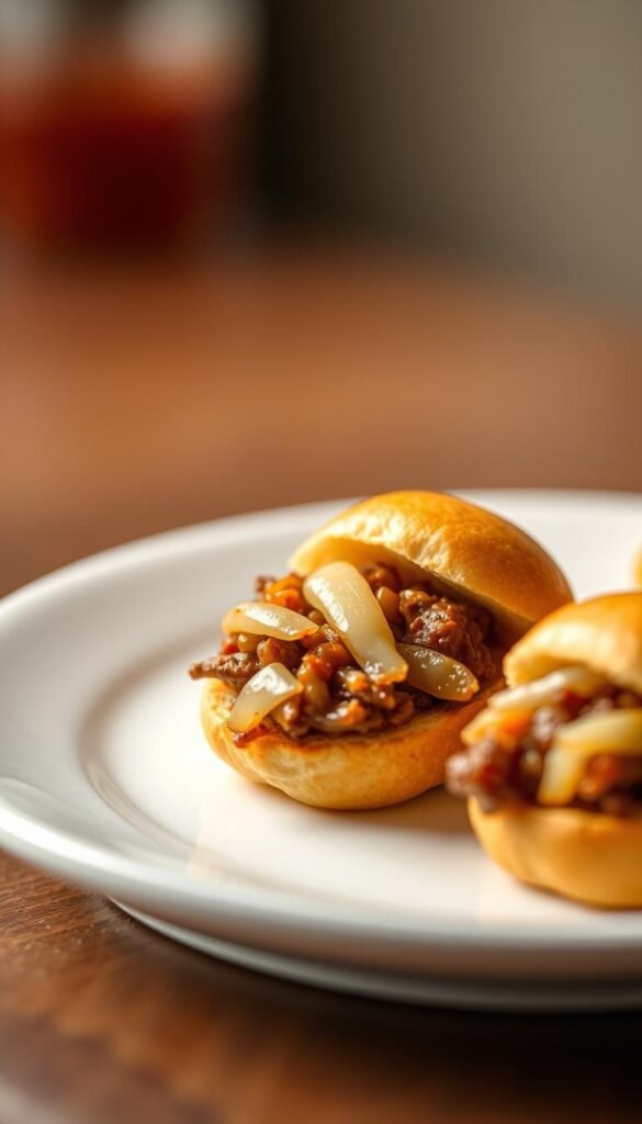 Tiny Philly cheesesteaks, each no larger than a golf ball, nestled on a crisp white plate. The juicy shredded beef and melted provolone cheese are accented by sautéed onions and peppers, casting a mouthwatering aroma. Soft, lightly toasted mini hoagie rolls cradle the savory fillings, their brown crust glistening under warm, directional lighting. The miniature presentation evokes a sense of playful indulgence, inviting the viewer to imagine popping these bite-sized treats straight into their mouth. A shallow depth of field blurs the background, focusing all attention on the delectable mini sandwiches.