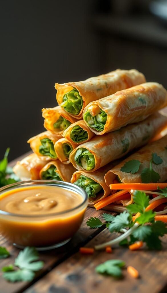 Vegan crispy tofu spring rolls on a rustic wooden table, with fresh herbs, bean sprouts, and a peanut-tamarind dipping sauce in the foreground. Soft, diffused natural lighting creates a warm, inviting atmosphere. The rolls are neatly arranged, showcasing their golden-brown, crispy exterior and vibrant green filling. A few scattered ingredients, such as sliced carrots and fresh mint leaves, add a sense of artful arrangement. The background is blurred, allowing the delicious spring rolls to be the focal point of the image.