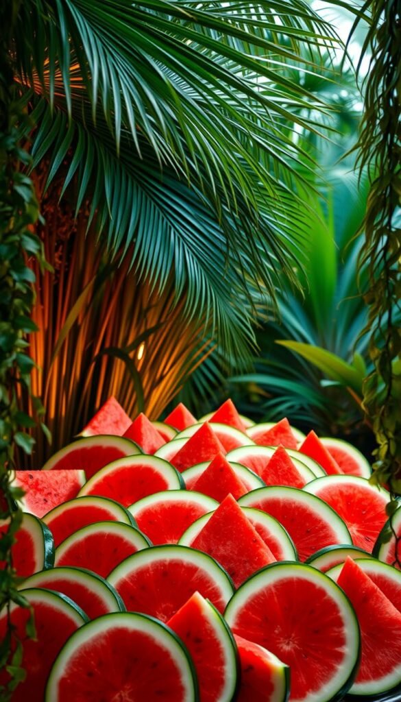 Vibrant watermelon slices arranged in a captivating display, nestled within a lush tropical oasis. Verdant palm fronds and trailing vines frame the scene, creating a sense of enchantment. Soft, diffused lighting casts a warm glow, highlighting the juicy red flesh and glistening seeds of the watermelon. The arrangement is artfully balanced, with slices cascading in a visually striking pattern. The overall atmosphere evokes a feeling of carefree, summertime bliss - a true "Watermelon Wonderland" that would delight guests at a destination wedding.