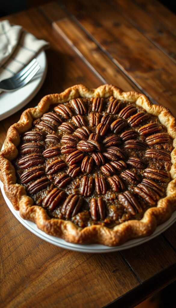a delicious homemade pecan pie, freshly baked and glistening with a golden brown crust, the pecans arranged in a beautiful spiral pattern on top, with a rich, syrupy filling oozing out from the sides. the pie is sitting on a rustic wooden table, with a fork and a napkin nearby, suggesting a cozy and inviting setting. the lighting is warm and natural, casting a soft glow on the pie, highlighting its tempting texture and aroma. the overall mood is one of comfort, indulgence, and a touch of nostalgia, perfectly capturing the essence of a classic southern dessert.