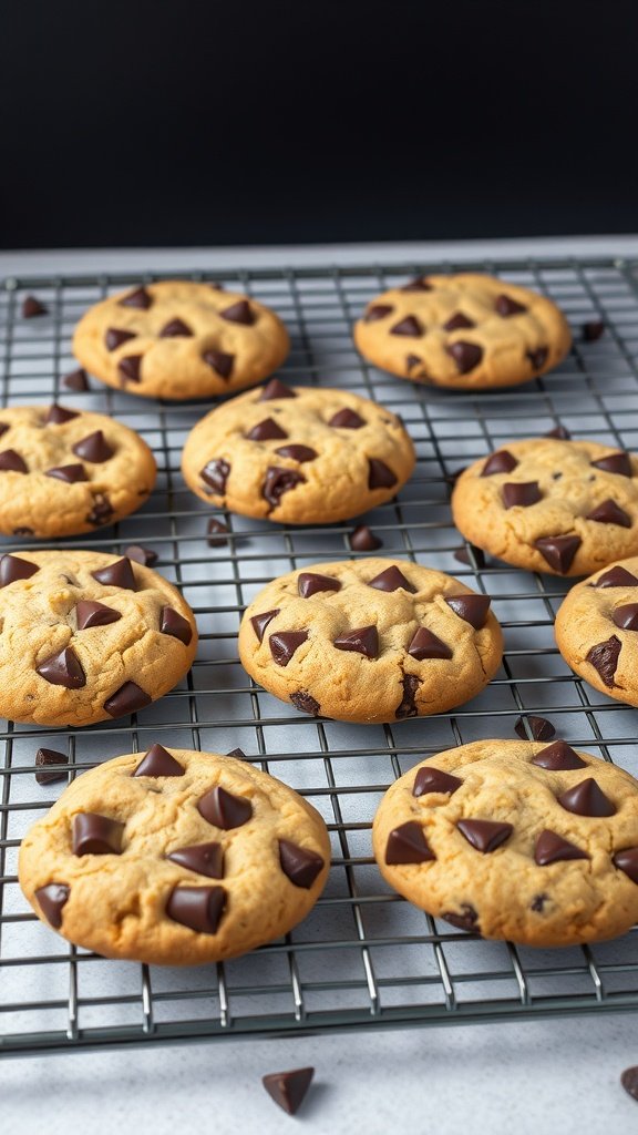 Freshly baked almond flour chocolate chip cookies on a cooling rack.