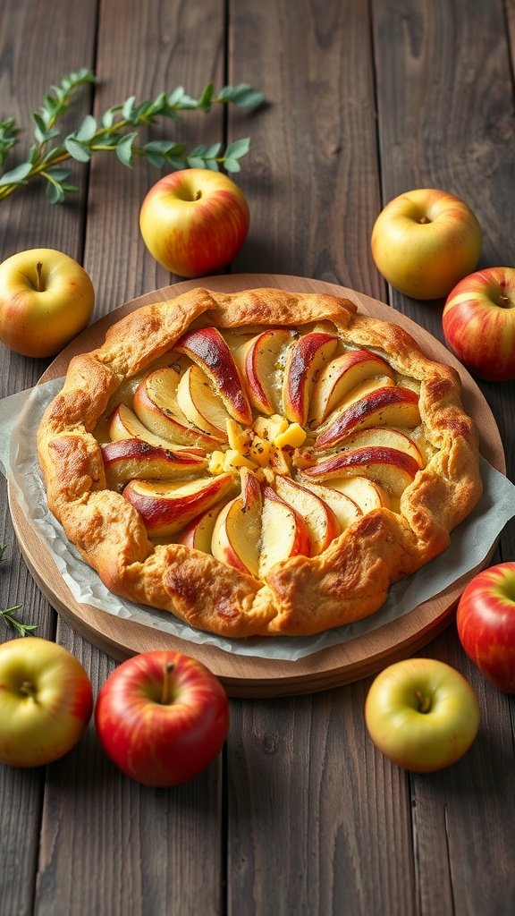 A beautifully arranged Apple and Cheddar Galette on a wooden table, surrounded by fresh apples.