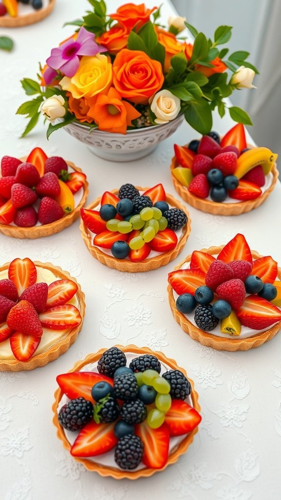 Colorful fruit tarts displayed on a table with a floral centerpiece.
