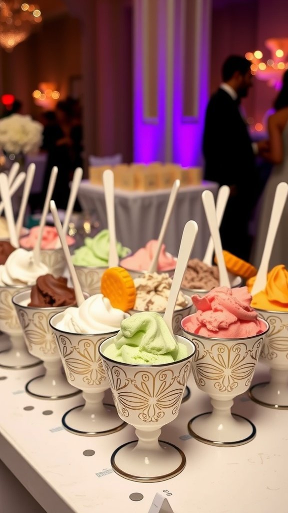 Artisan gelato station with various flavors in elegant cups