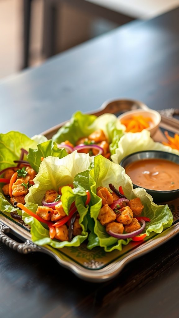 A platter of Asian chicken lettuce wraps with dipping sauce, showcasing vibrant colors and fresh ingredients.