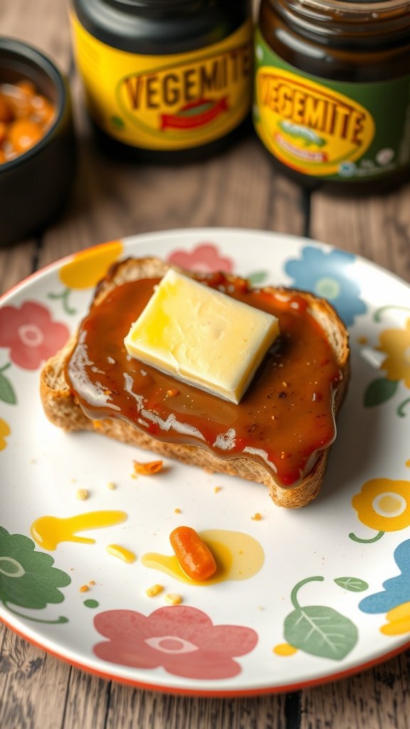 A slice of Vegemite toast on a colorful plate with jars of Vegemite in the background.
