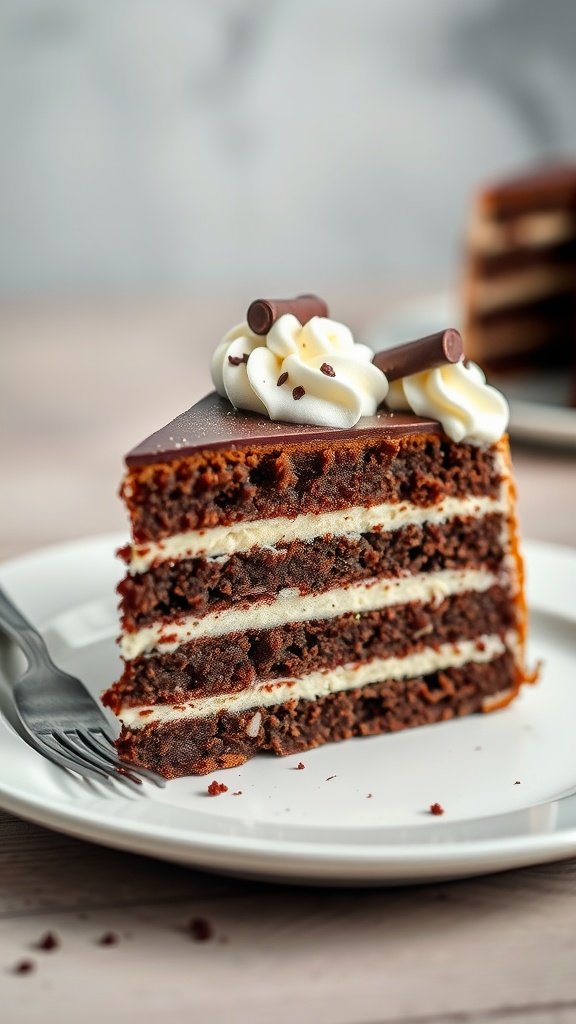 Slice of Austrian Sachertorte with chocolate glaze and whipped cream on a plate.