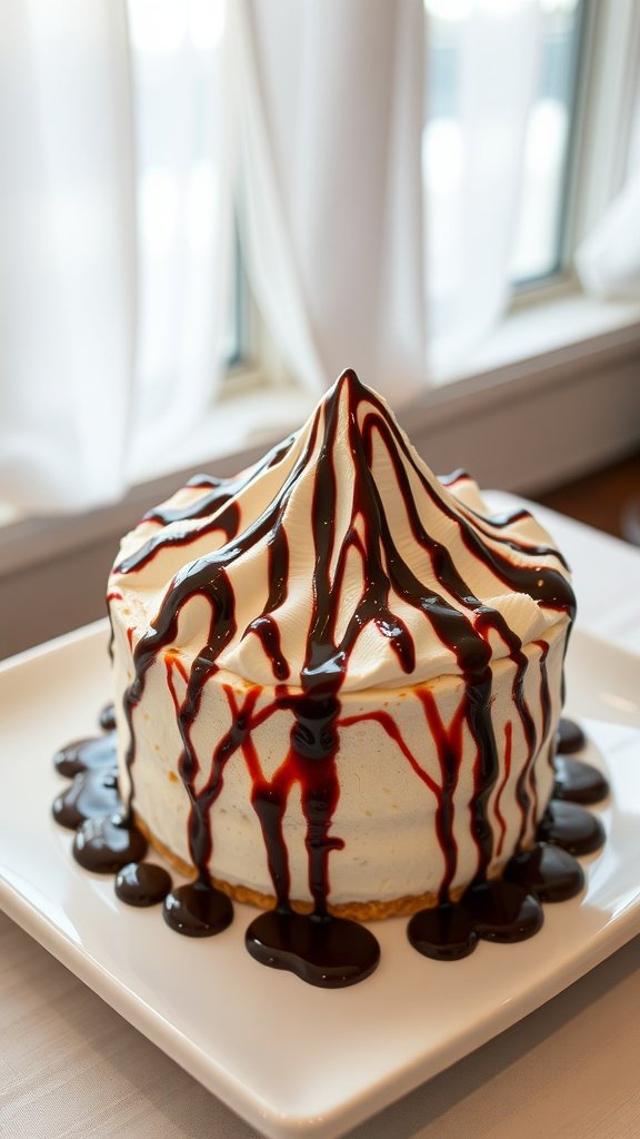 A beautiful Baked Alaska dessert topped with meringue and drizzled with chocolate syrup.