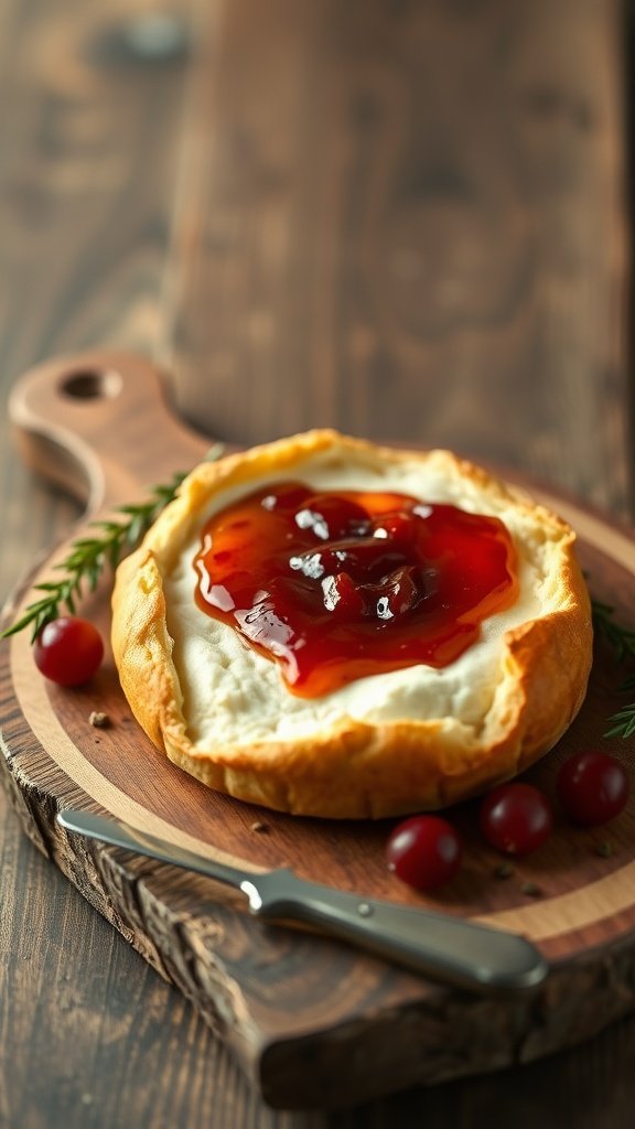 A baked brie en croûte topped with jam on a wooden platter, with a knife and garnishes nearby.