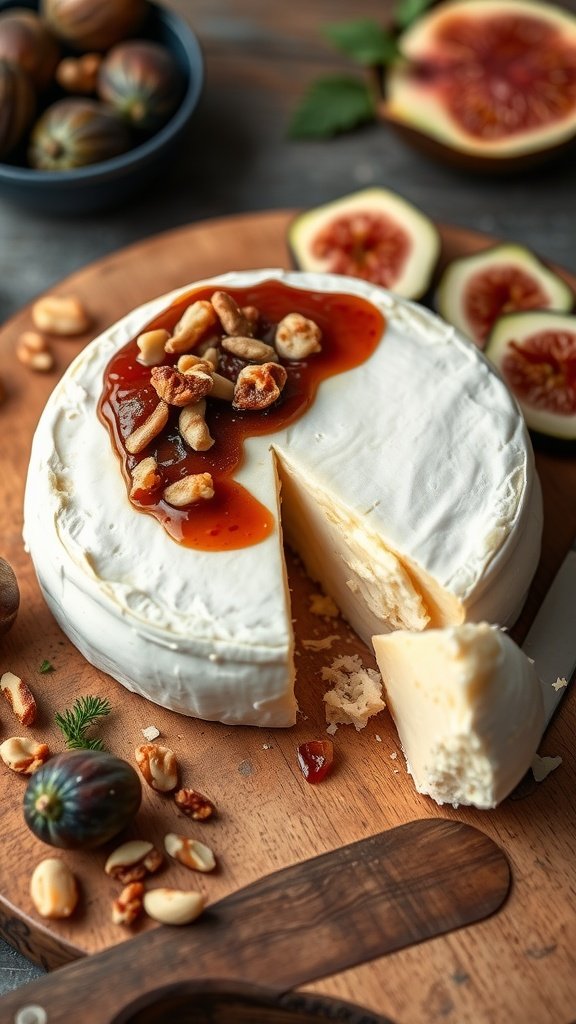 A round of baked brie topped with fig jam and nuts, surrounded by fresh figs and nuts on a wooden board.