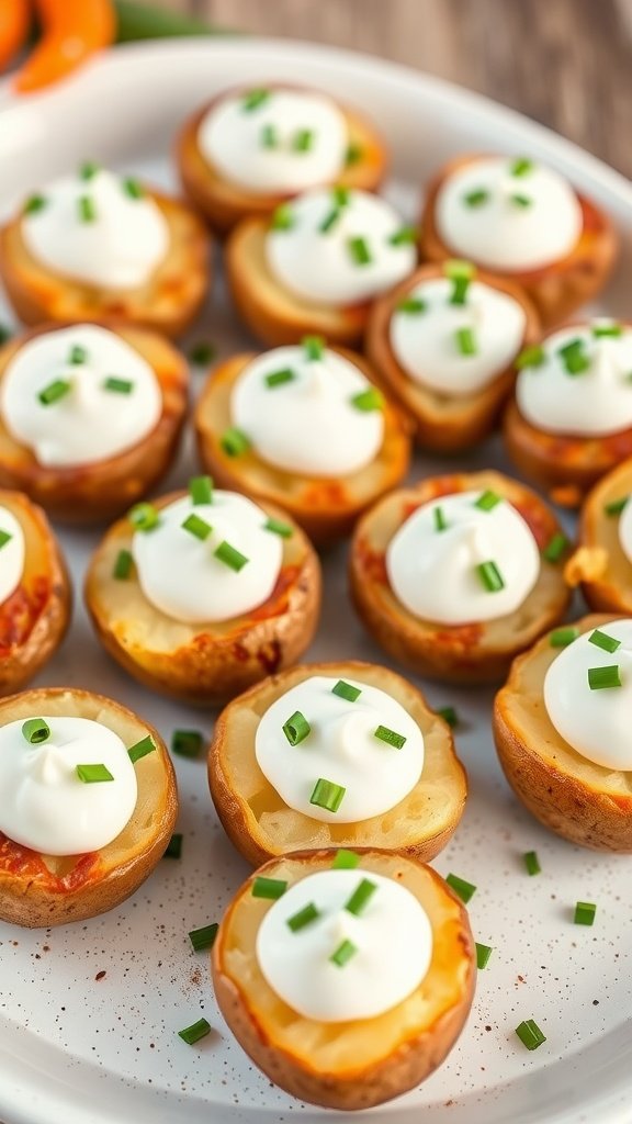 A platter of baked potato bites topped with sour cream and chives.