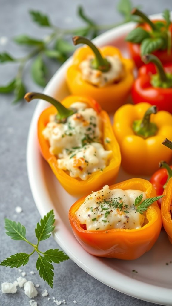 Baked stuffed peppers filled with cheese and herbs on a plate.